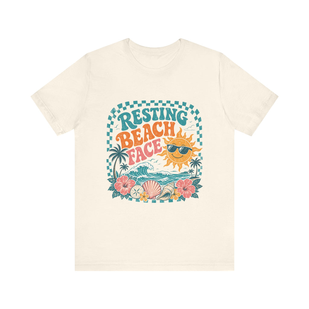 Resting Beach Face T-Shirt — Funny Summer Sun & Seashell Graphic Tee