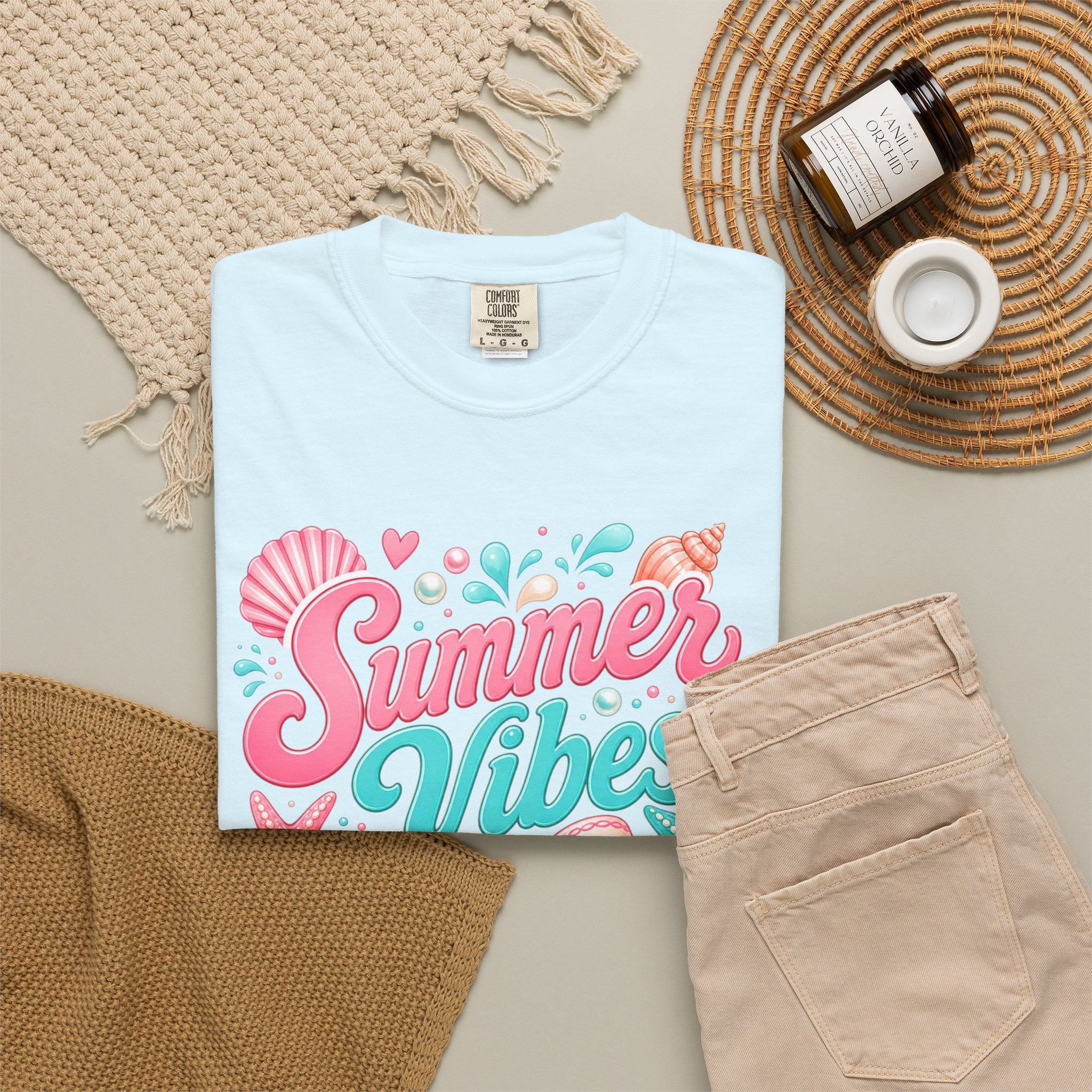 Summer Vibes T-Shirt — Beach Shells & Bow Graphic Tee